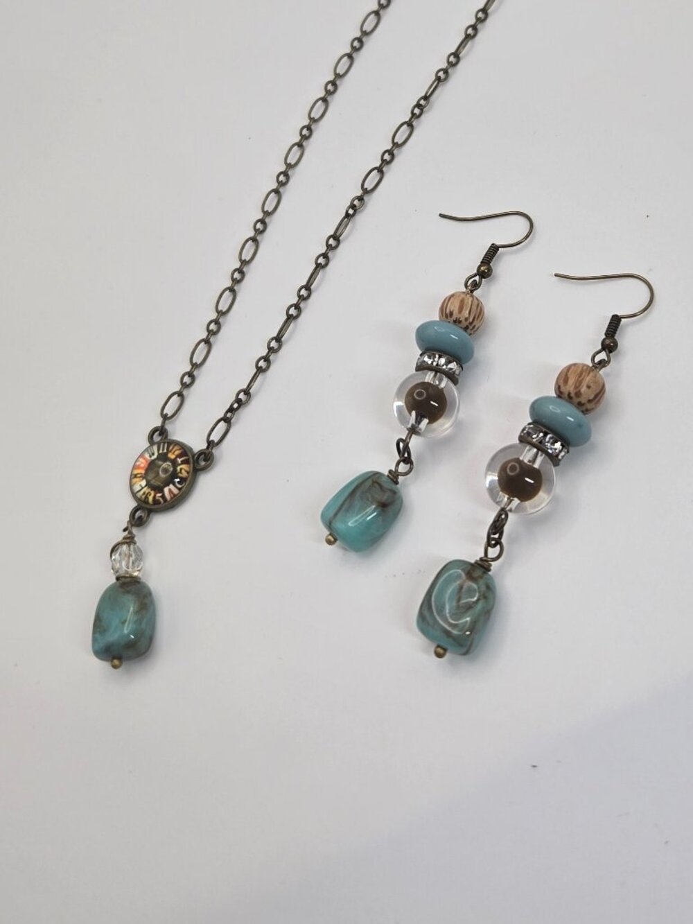 Clock Face Pendant Boho Necklace & Earring Set Wooden and Mixed Beads Item 51